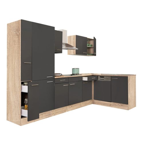 Mobila de bucatarie de colt Yorki 310, corp din stejar sonoma, fata antracit satinat, cu dulap cu raft