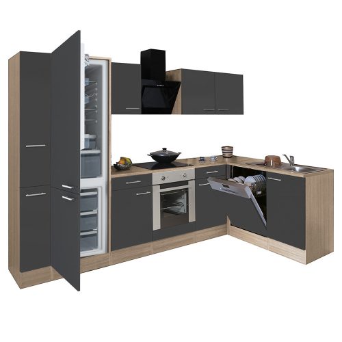 Mobila de bucatarie de colt Yorki 310, corp din stejar sonoma, fata antracit satinat cu element cuptor inferior, frigider cu dedurizator inferior