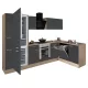 Mobila de bucatarie de colt Yorki 310, corp din stejar sonoma, fata antracit satinat cu element cuptor inferior, frigider cu dedurizator inferior