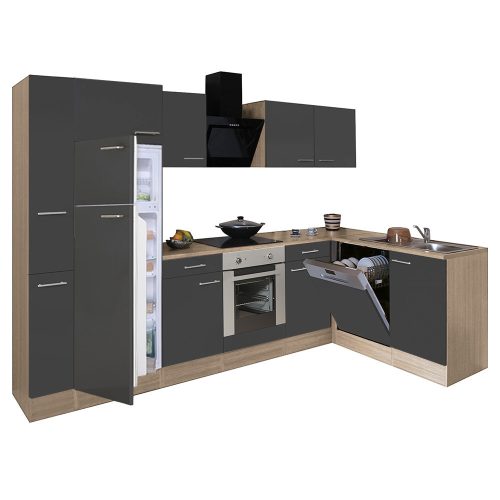 Mobila de bucatarie de colt Yorki 310, corp din stejar sonoma, fata antracit satinat, element cuptor inferior, frigider congelator superior