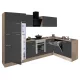 Mobila de bucatarie de colt Yorki 310, corp din stejar sonoma, fata antracit satinat, element cuptor inferior, frigider congelator superior