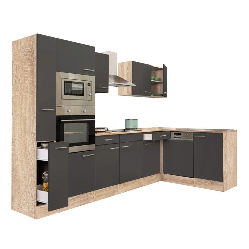 Mobila de bucatarie de colt Yorki 310, corp din stejar sonoma, cu fata antracit satinat