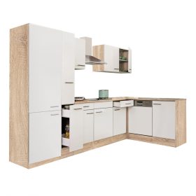 Mobila de bucatarie de colt Yorki 310, corp din stejar sonoma, fata alb satinat, cu dulap cu raft