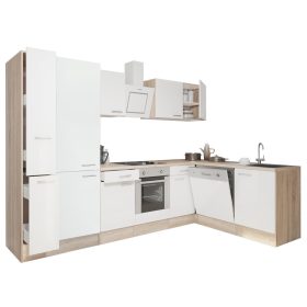 Mobila de bucatarie de colt Yorki 310, corp din stejar sonoma, fata alb satinat cu element inferior al cuptorului si dulap cu rafturi