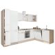 Mobila de bucatarie de colt Yorki 310, corp din stejar sonoma, fata alb satinat cu element inferior al cuptorului si dulap cu rafturi