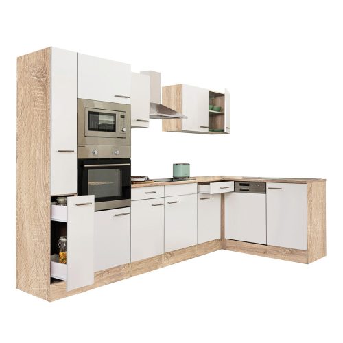 Mobila de bucatarie de colt Yorki 310, corp din stejar Sonoma, cu fata alb satinat