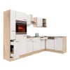 Mobila de bucatarie de colt Yorki 310, corp din stejar Sonoma, cu fata alb satinat