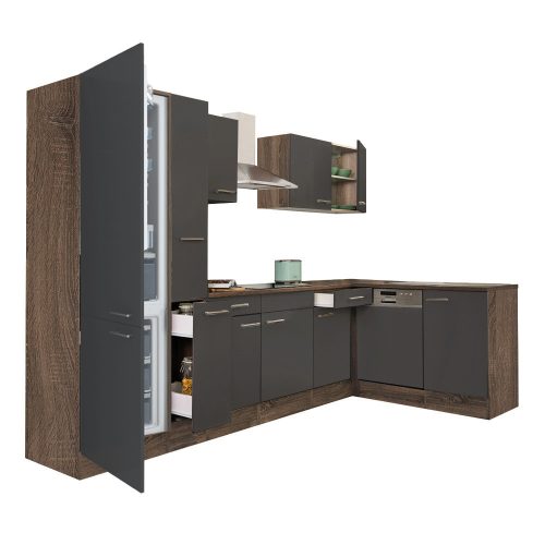 Mobila de bucatarie de colt Yorki 310, corp din stejar Yorki, fata antracit satinat, cu frigider sub blat