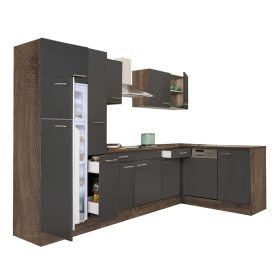 Mobila de bucatarie de colt Yorki 310, corp din stejar Yorki, fata antracit satinat, frigider cu congelator superior