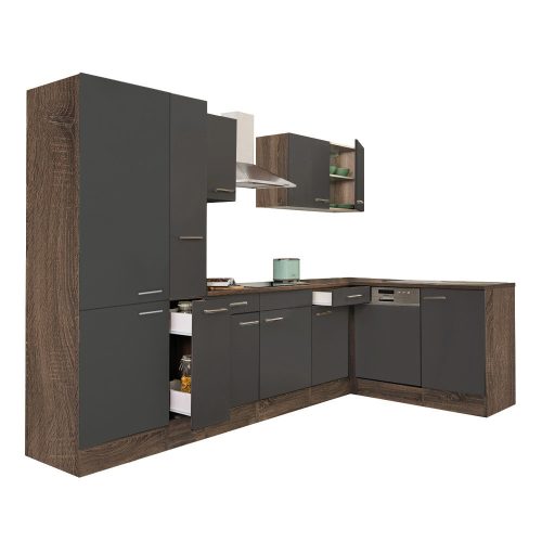 Mobila de bucatarie de colt Yorki 310, corp stejar Yorki, fata antracit satinat, cu dulap cu raft