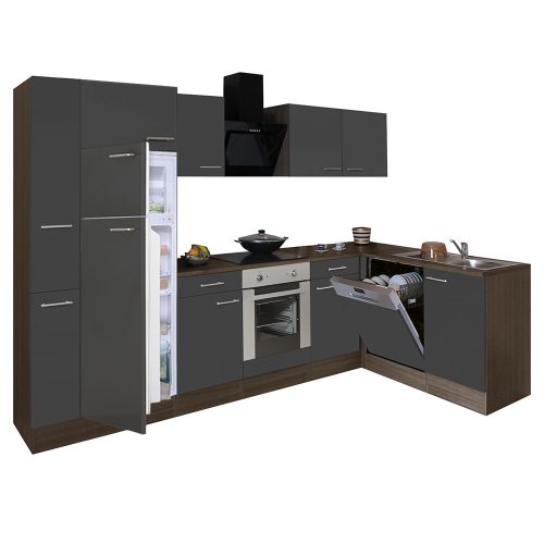 Mobila de bucatarie de colt Yorki 310, corp din stejar Yorki, fata antracit satinat cu element cuptor inferior si frigider congelator superior