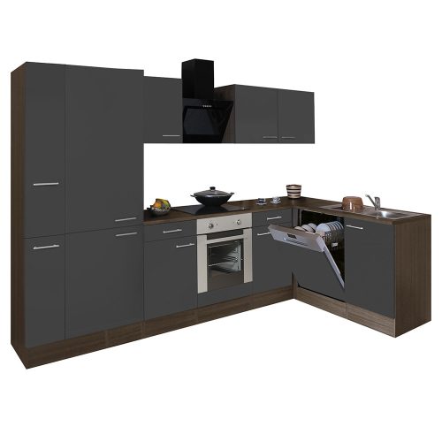 Mobila de bucatarie de colt Yorki 310, corp din stejar Yorki, fata antracit satinat cu element inferior al cuptorului, dulap cu raft