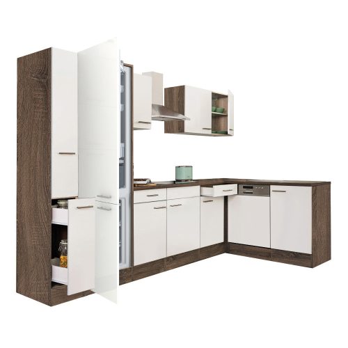 Mobila de bucatarie de colt Yorki 310, corp din stejar Yorki, fata alb satinat, frigider sub blat