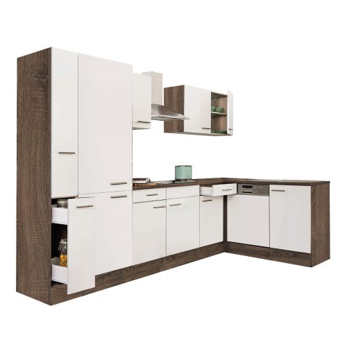 Mobila de bucatarie de colt Yorki 310, corp din stejar Yorki, fata alb satinat, dulap cu raft