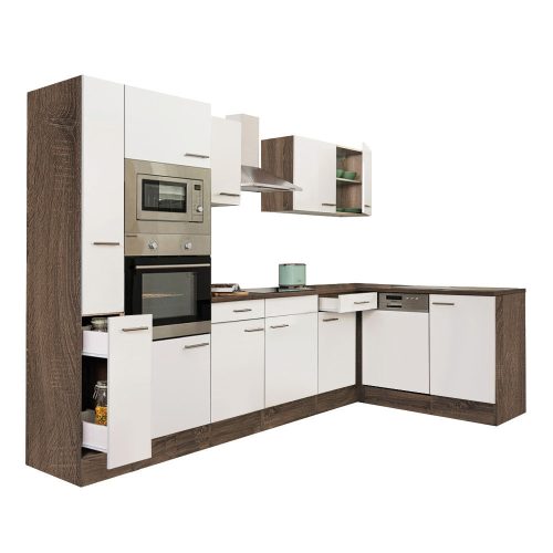 Mobila de bucatarie de colt Yorki 310, corp din stejar Yorki, cu fata alb satinat