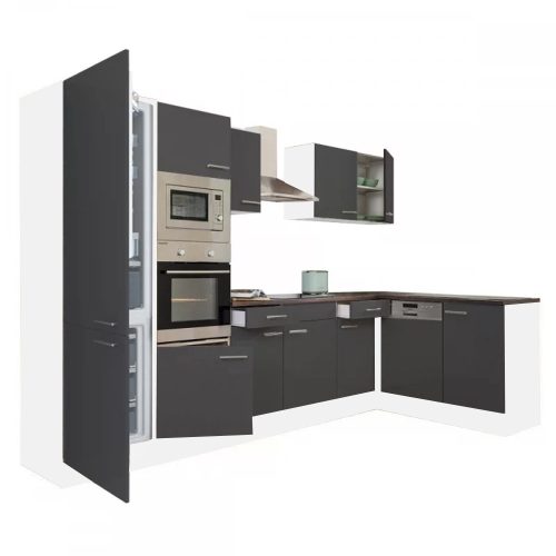 Mobila de bucatarie de colt Yorki 340, corp alb, fata antracit satinat, cu frigider sub blat