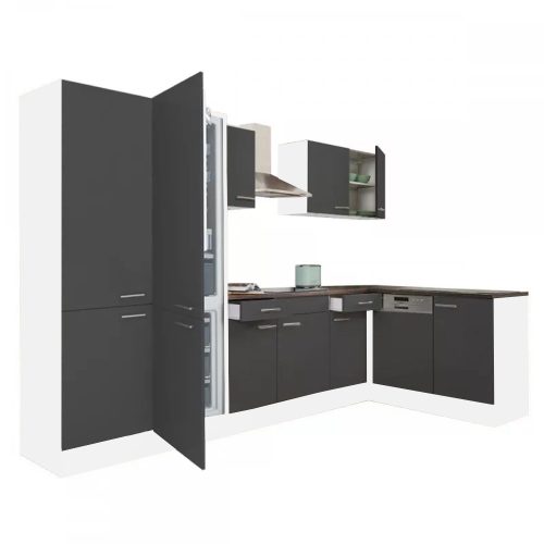 Dulap de bucatarie de colt Yorki 340 cu corp alb, fata antracit satinat, dulap cu rafturi si frigider congelator inferior