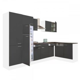 Dulap de bucatarie de colt Yorki 340 cu corp alb, fata antracit satinat, dulap cu rafturi si frigider cu congelator superior