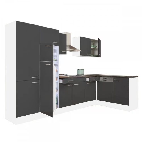 Dulap de bucatarie de colt Yorki 340 cu corp alb, fata antracit satinat, dulap cu rafturi si frigider cu congelator superior