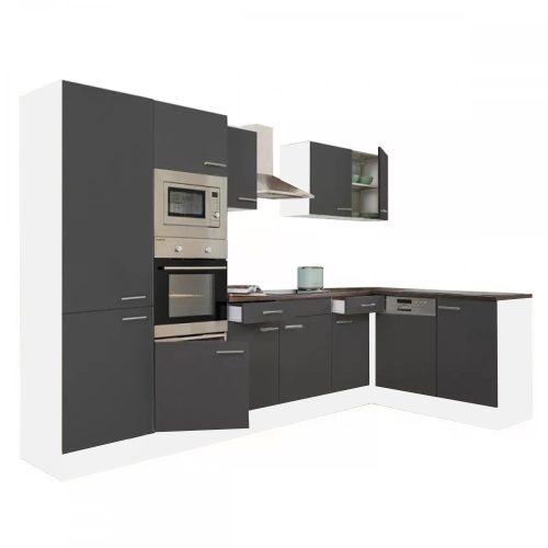 Mobila de bucatarie de colt Yorki 340, corp alb, fata antracit satinat, cu dulap cu raft