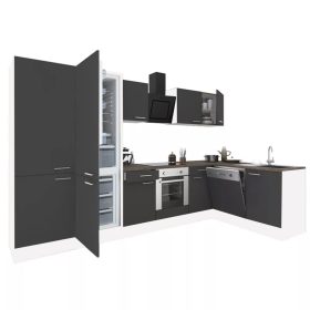 Dulap de bucatarie de colt Yorki 340, corp alb, fata antracit satinat, element cuptor inferior, dulap cu raft, frigider congelator inferior