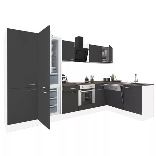 Dulap de bucatarie de colt Yorki 340, corp alb, fata antracit satinat, element cuptor inferior, dulap cu raft, frigider congelator inferior