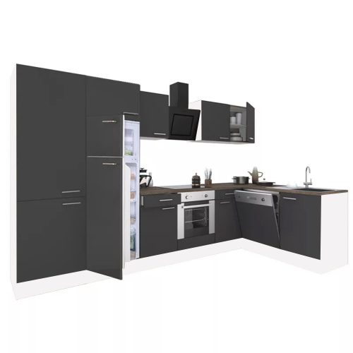 Dulap de bucatarie de colt Yorki 340, corp alb, fata antracit satinat, element cuptor inferior, dulap cu raft, frigider congelator superior