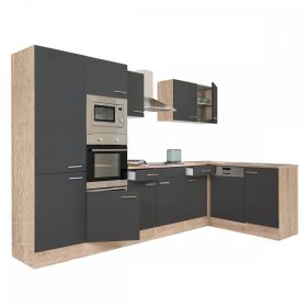 Mobila de bucatarie de colt Yorki 340, corp din stejar sonoma, fata antracit satinat, cu dulap cu raft