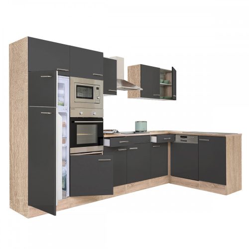 Mobila de bucatarie de colt Yorki 340, corp din stejar sonoma, cu fata antracit satinat