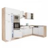 Mobila de bucatarie de colt Yorki 340, corp din stejar Sonoma, cu fata alb satinat