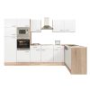 Mobila de bucatarie de colt Yorki 340, corp din stejar Sonoma, cu fata alb satinat
