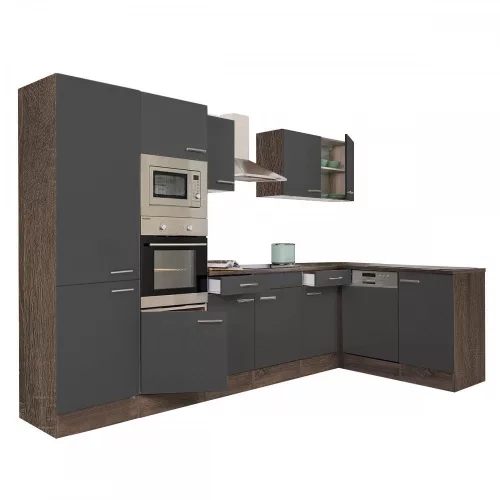 Mobila de bucatarie de colt Yorki 340, corp stejar Yorki, fata antracit satinat, cu dulap cu raft