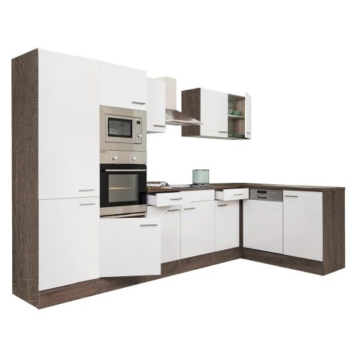 Mobila de bucatarie de colt Yorki 340, corp din stejar Yorki, fata alb satinat, dulap cu raft