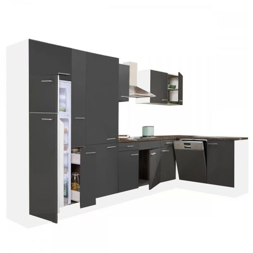 Dulap de bucatarie de colt Yorki 370 cu corp alb, fata antracit satinat, dulap cu rafturi si frigider cu congelator superior