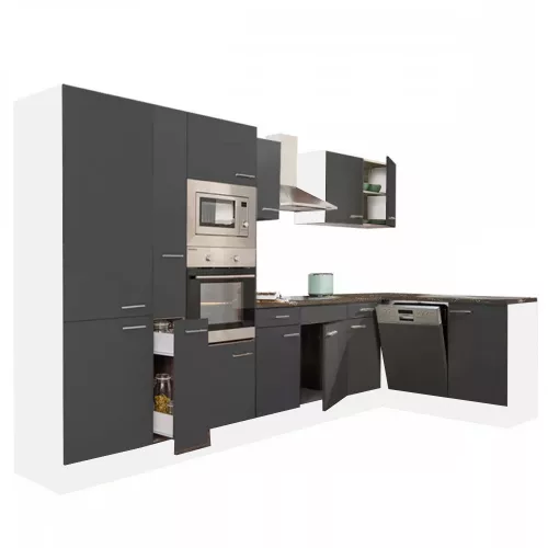 Mobila de bucatarie de colt Yorki 370, corp alb, fata antracit satinat, cu dulap cu raft
