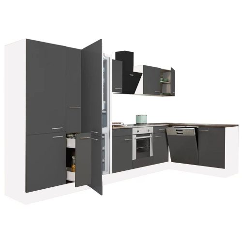 Dulap de bucatarie de colt Yorki 370, corp alb, fata antracit satinat, element cuptor inferior, dulap cu raft, frigider congelator inferior