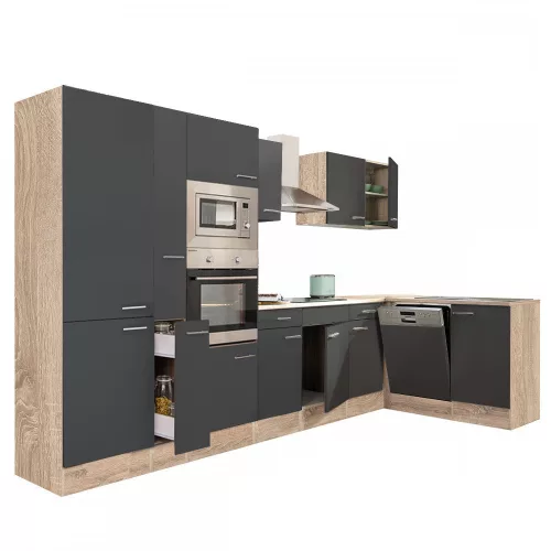 Mobila de bucatarie de colt Yorki 370, corp din stejar sonoma, fata antracit satinat, cu dulap cu raft