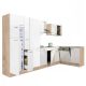 Mobila de bucatarie de colt Yorki 370, corp din stejar sonoma, fata alb satinat, dulap cu rafturi si frigider cu congelator superior