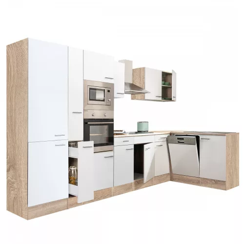 Mobila de bucatarie de colt Yorki 370, corp din stejar Sonoma, fata alb satinat, cu dulap cu raft