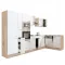 Mobila de bucatarie de colt Yorki 370, corp din stejar Sonoma, fata alb satinat, cu dulap cu raft