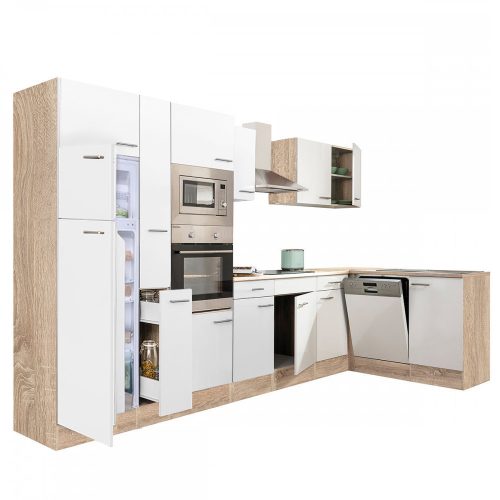 Dulap de bucatarie de colt Yorki 370, corp din stejar Sonoma, cu fata alb satinat