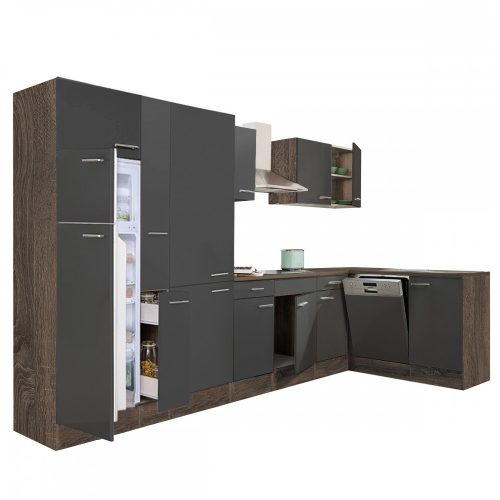 Mobila de bucatarie de colt Yorki 370, corp din stejar Yorki, fata antracit satinat, dulap cu rafturi si frigider cu congelator superior
