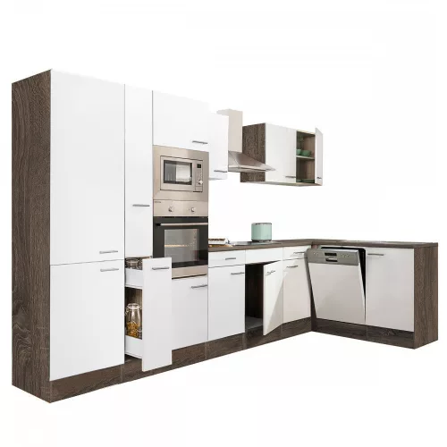 Mobila de bucatarie de colt Yorki 370, corp din stejar Yorki, fata alb satinat, dulap cu raft