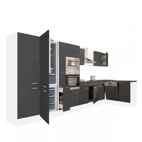 Mobila de bucatarie de colt Yorki 430, corp alb, fata antracit satinat, cu frigider sub blat