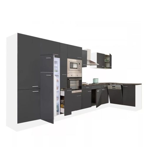Dulap de bucatarie de colt Yorki 430 cu corp alb, fata antracit satinat si frigider cu congelator superior