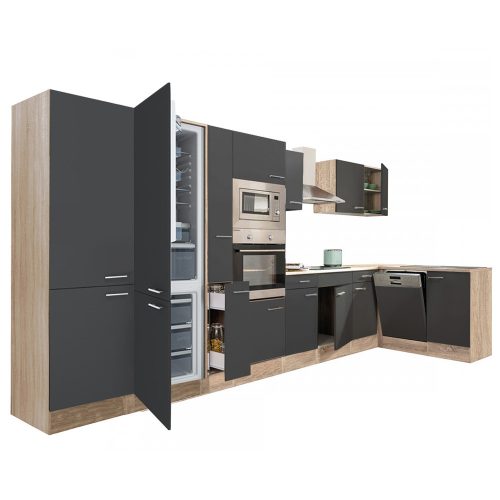 Mobila de bucatarie de colt Yorki 430, corp din stejar sonoma, fata antracit satinat, cu frigider sub blat