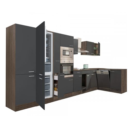 Mobila de bucatarie de colt Yorki 430, corp din stejar Yorki, fata antracit satinat, frigider sub blat