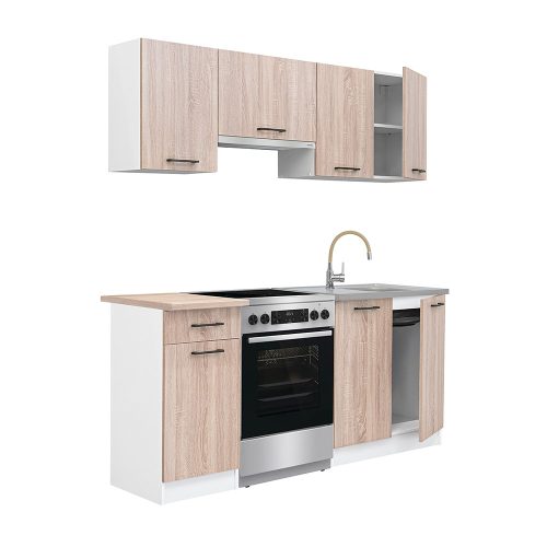 Mobila de bucatarie Praktik 180, corp alb, fata stejar sonoma