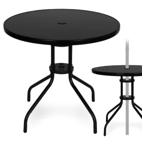   Masă rotundă de grădină cu cadru metalic 80 cm sticlă călită, negru