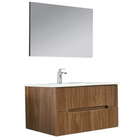 Mobilier de baie Trent 100 cm cu chiuveta ceramica 2 sertare si oglinda 60x100 cm stejar apus de soare